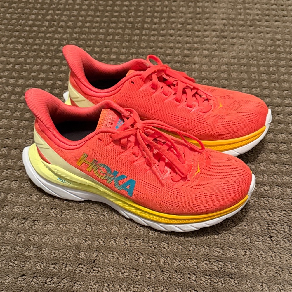 Hoka Bright Coral and Yellow Running Shoes